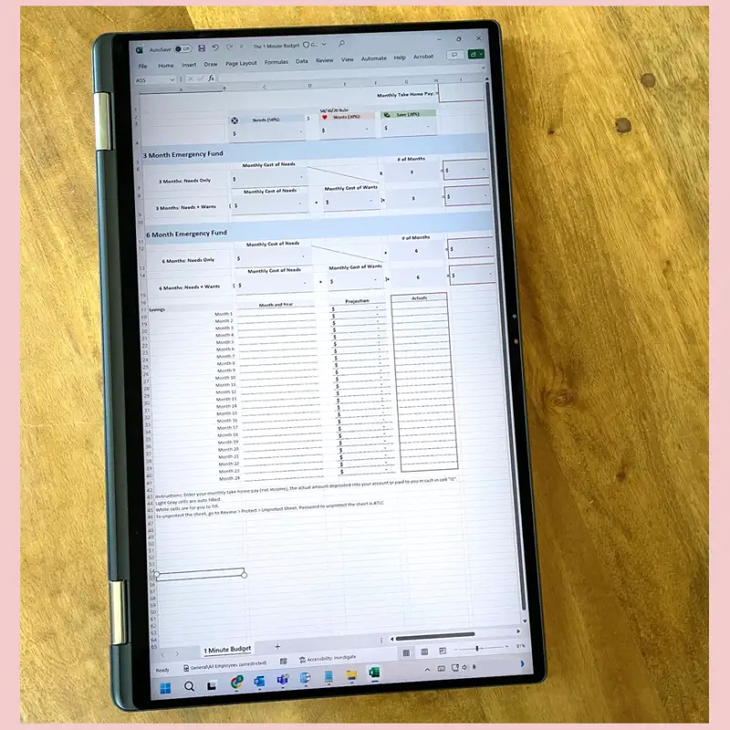 electronic version of the 1-Minute budget printable on a laptop
